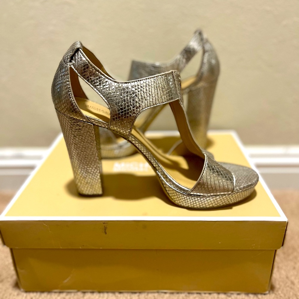 Gold chunky heels with snakeskin print